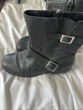SoftWalk Black Croc-Embossed Buckle Mid-Calf Boots